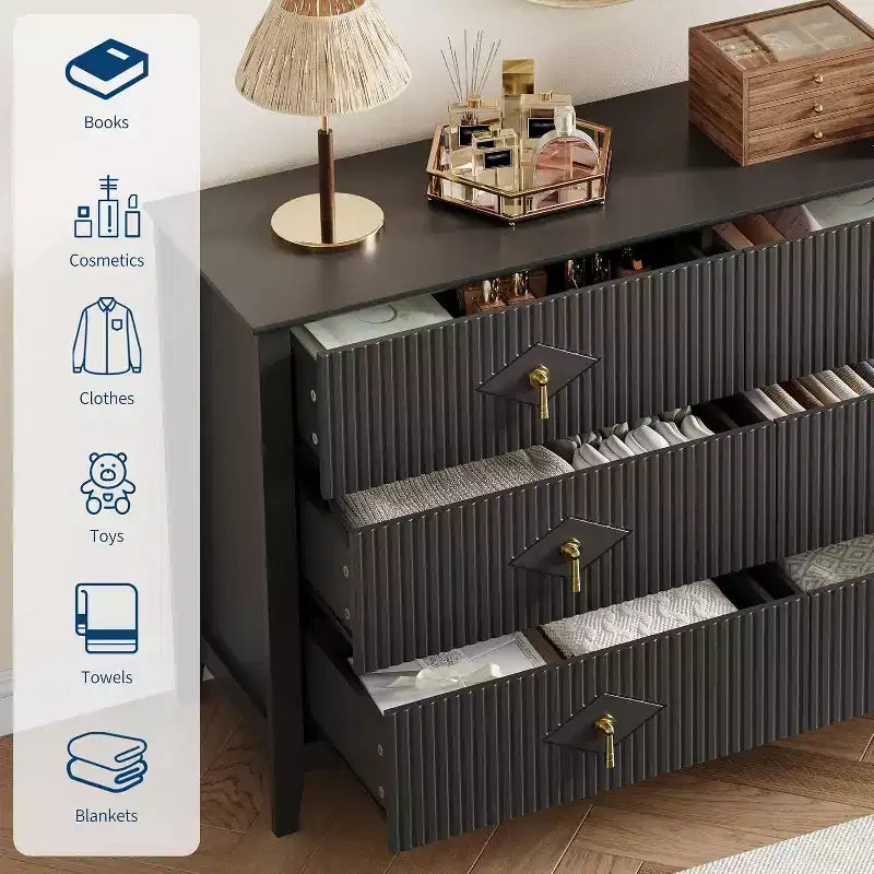 Cassettiera alta scanalata da 109 cm - Mobile contenitore in legno a 5 cassetti per camera da letto e soggiorno