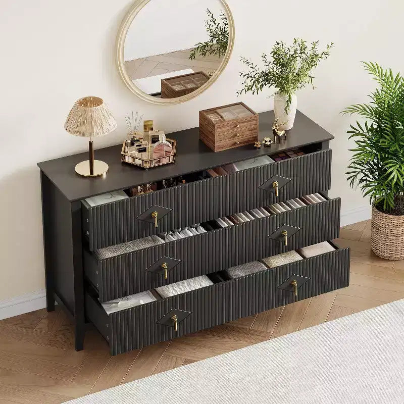 Cassettiera alta scanalata da 109 cm - Mobile contenitore in legno a 5 cassetti per camera da letto e soggiorno