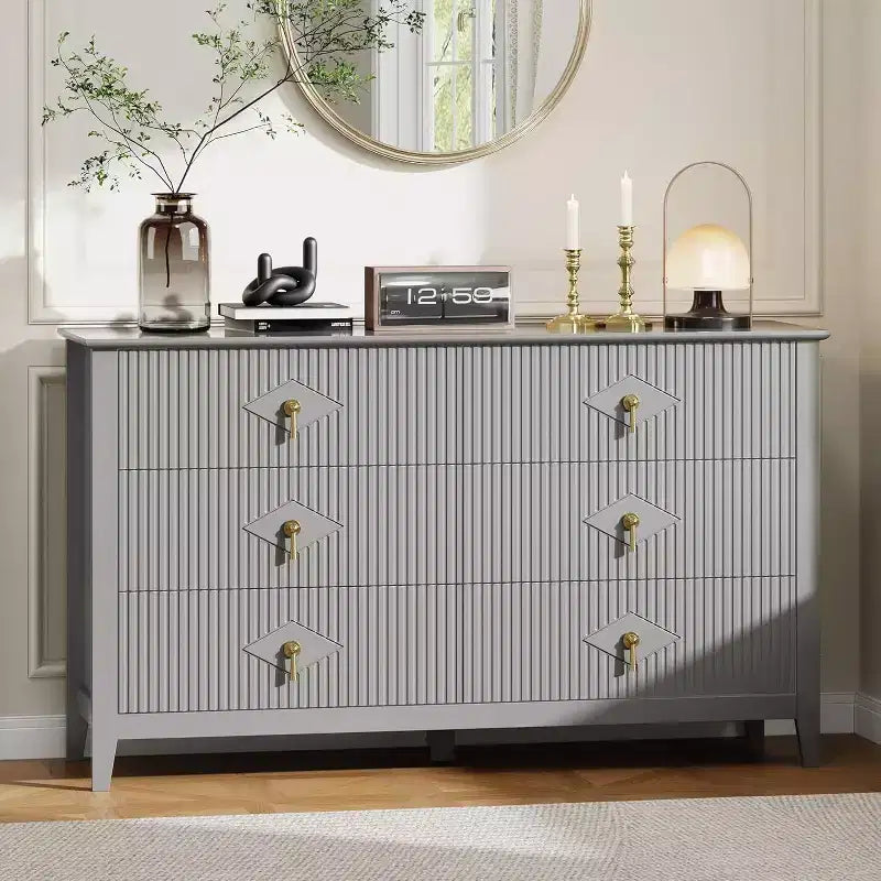 Cassettiera alta scanalata da 109 cm - Mobile contenitore in legno a 5 cassetti per camera da letto e soggiorno