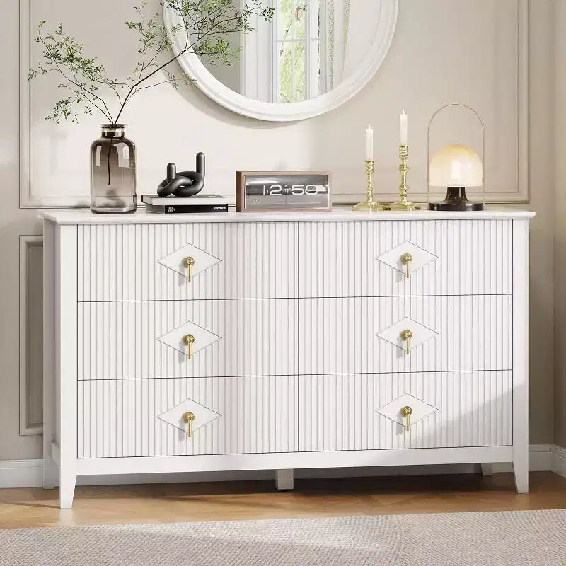 Cassettiera alta scanalata da 109 cm - Mobile contenitore in legno a 5 cassetti per camera da letto e soggiorno
