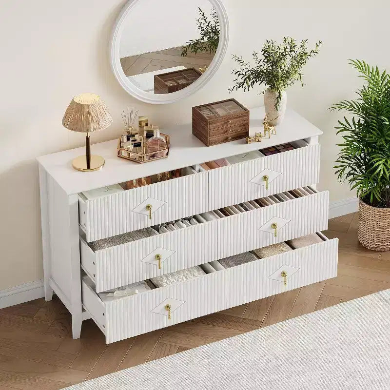 Cassettiera alta scanalata da 109 cm - Mobile contenitore in legno a 5 cassetti per camera da letto e soggiorno