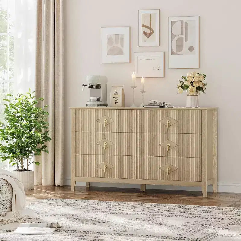 Cassettiera alta scanalata da 109 cm - Mobile contenitore in legno a 5 cassetti per camera da letto e soggiorno