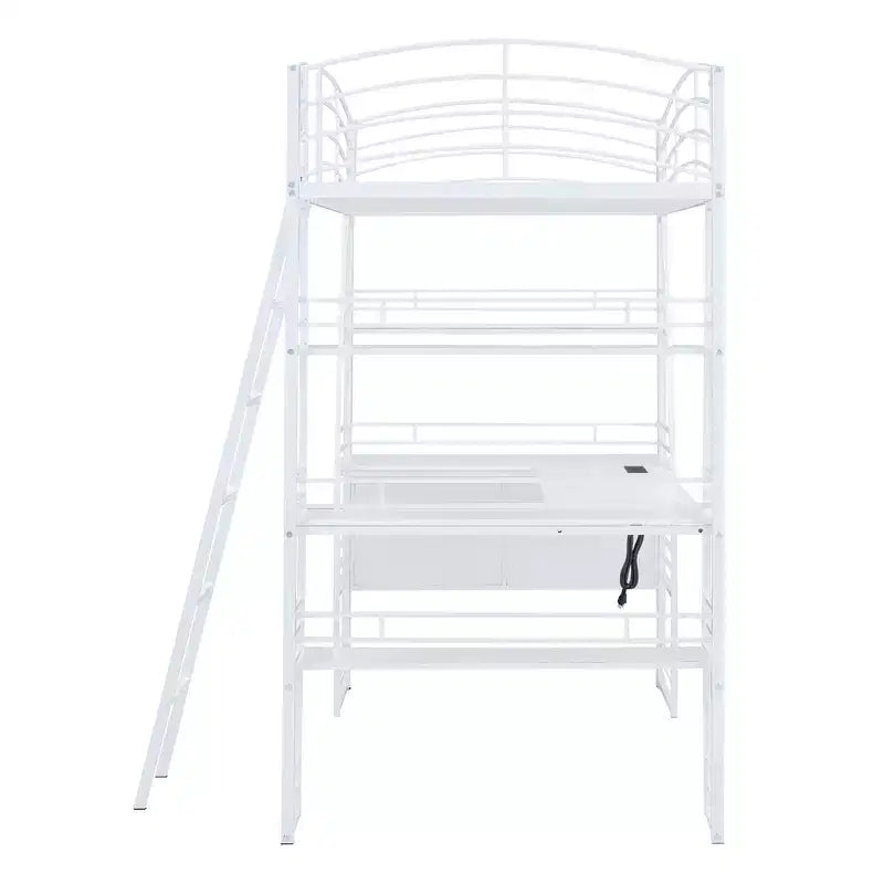 Letto a soppalco con ripiani e scrivania a L, struttura in metallo con prese, porte USB e ricarica wireless