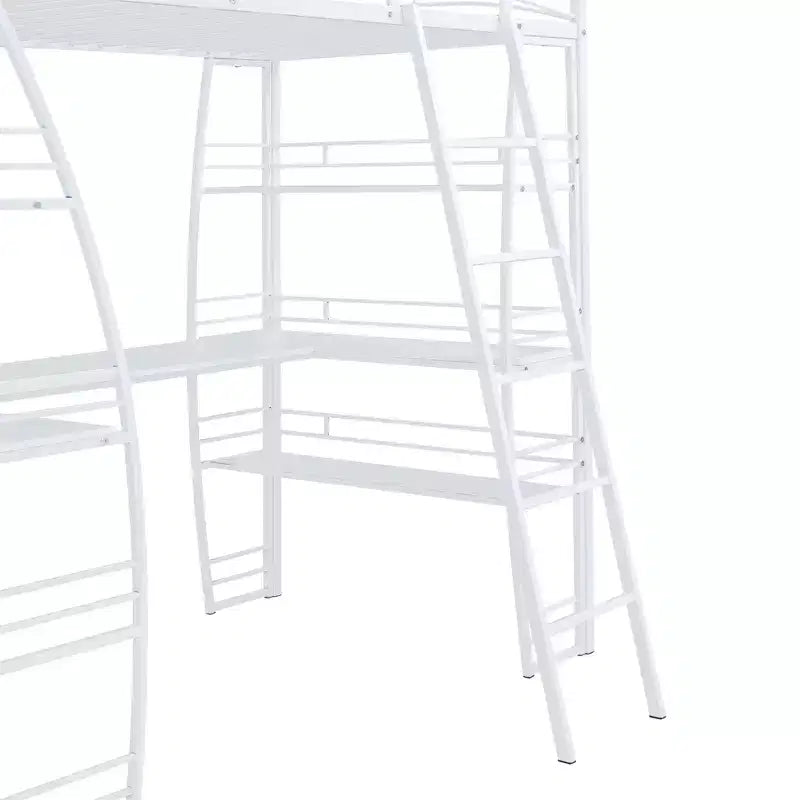 Letto a soppalco con ripiani e scrivania a L, struttura in metallo con prese, porte USB e ricarica wireless