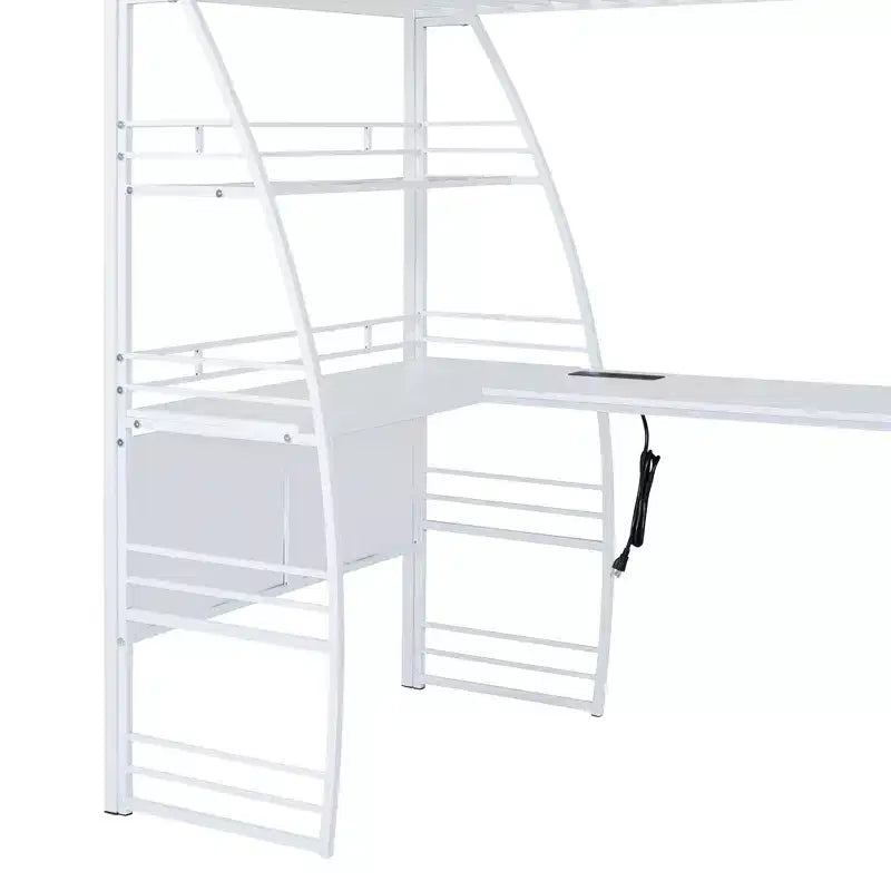 Letto a soppalco con ripiani e scrivania a L, struttura in metallo con prese, porte USB e ricarica wireless