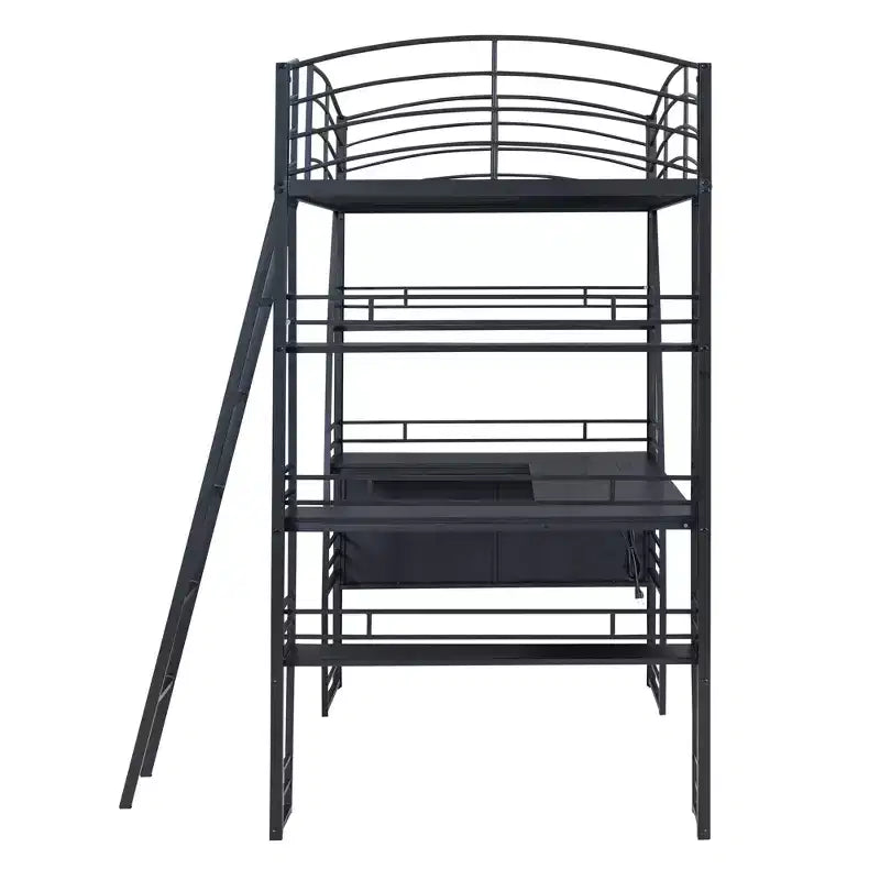 Letto a soppalco con ripiani e scrivania a L, struttura in metallo con prese, porte USB e ricarica wireless