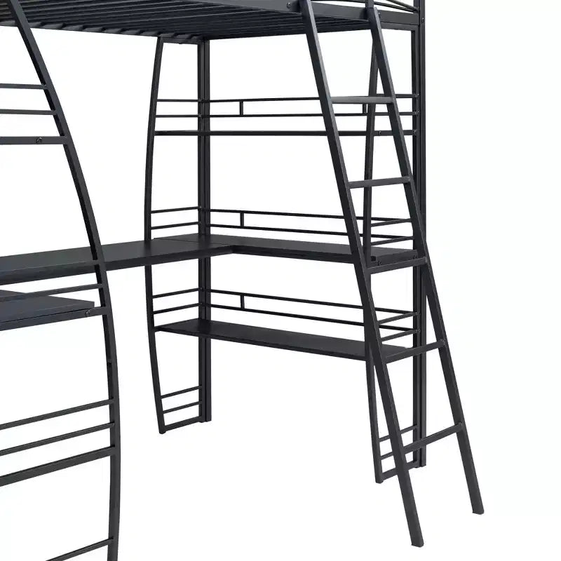 Letto a soppalco con ripiani e scrivania a L, struttura in metallo con prese, porte USB e ricarica wireless