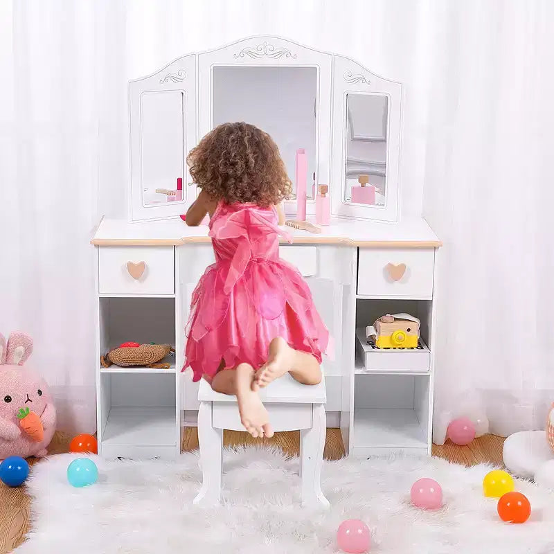 Set Toeletta e Sgabello per Bambini con Specchio a Tre Ante, Toeletta Bianca per Ragazze dai 3 ai 9 Anni, con Cassetti e Ripiani Aperti per una Facile Organizzazione