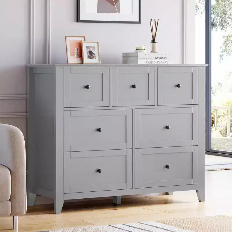 Mobile contenitore in legno con cassettiera, Comò a 7 cassetti, per ingresso soggiorno camera da letto, Grigio