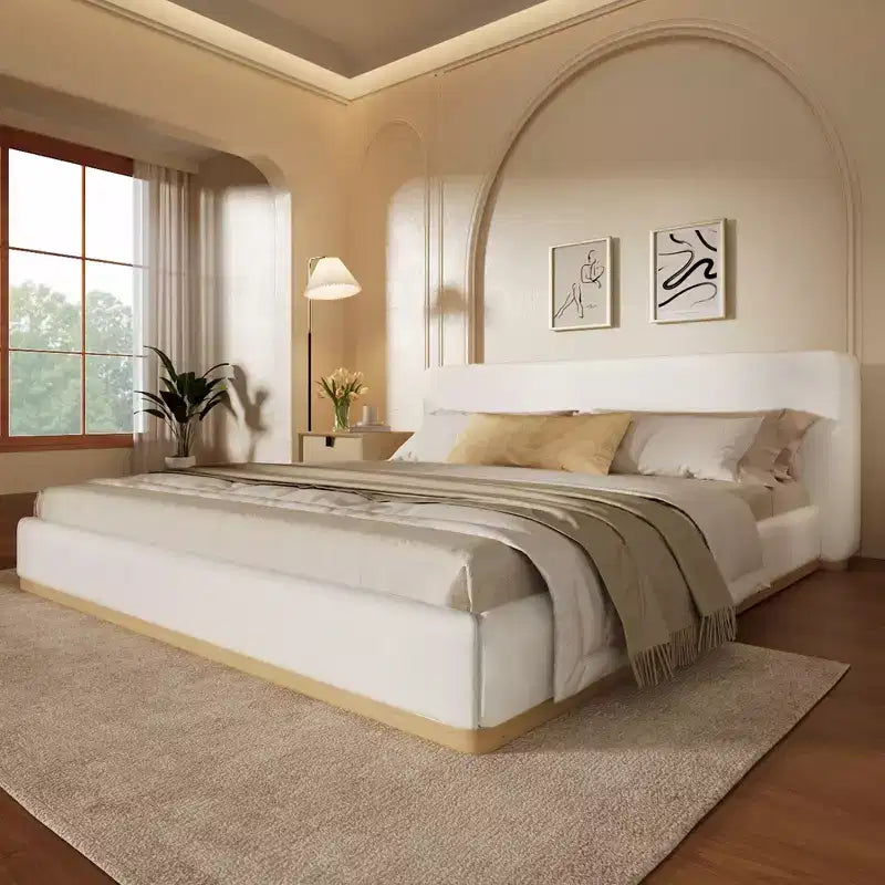 Elegante Struttura Letto Imbottita in Velluto, Letto a Piattaforma Queen/King Size per Camera da Letto, Bianco - ModernLuxe