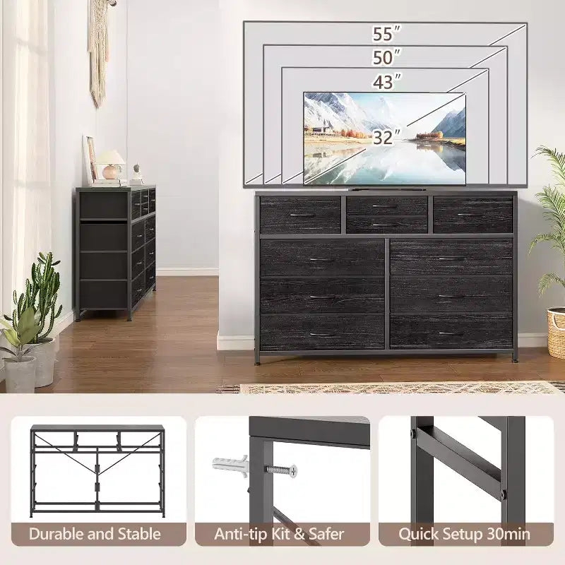 Cassettiera in tessuto a 10 cassetti per camera da letto, piano in legno, struttura in acciaio, comò moderno, cassettiera leggera con contenitori in tessuto per soggiorno, corridoio