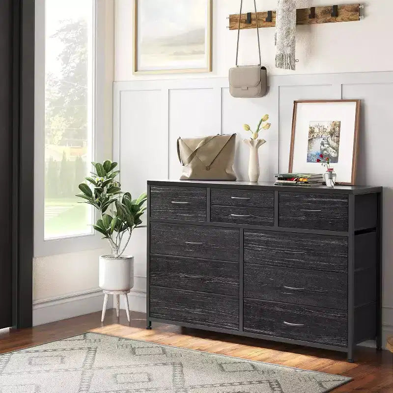 Cassettiera in tessuto a 10 cassetti per camera da letto, piano in legno, struttura in acciaio, comò moderno, cassettiera leggera con contenitori in tessuto per soggiorno, corridoio