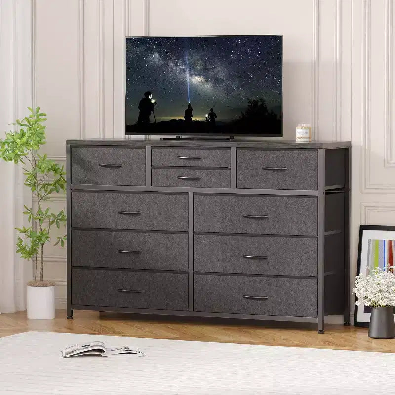 Cassettiera in tessuto a 10 cassetti per camera da letto, piano in legno, struttura in acciaio, comò moderno, cassettiera leggera con contenitori in tessuto per soggiorno, corridoio