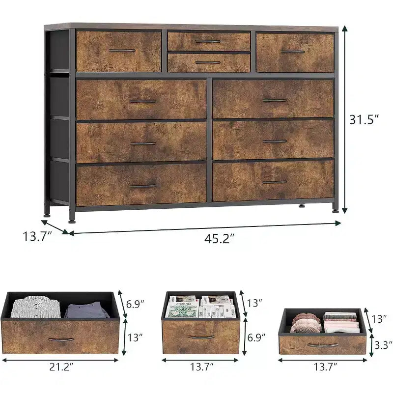 Cassettiera in tessuto a 10 cassetti per camera da letto, piano in legno, struttura in acciaio, comò moderno, cassettiera leggera con contenitori in tessuto per soggiorno, corridoio