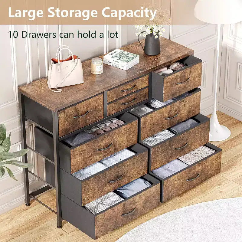 Cassettiera in tessuto a 10 cassetti per camera da letto, piano in legno, struttura in acciaio, comò moderno, cassettiera leggera con contenitori in tessuto per soggiorno, corridoio