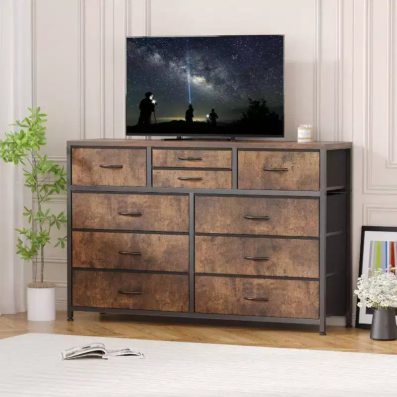 Cassettiera in tessuto a 10 cassetti per camera da letto, piano in legno, struttura in acciaio, comò moderno, cassettiera leggera con contenitori in tessuto per soggiorno, corridoio