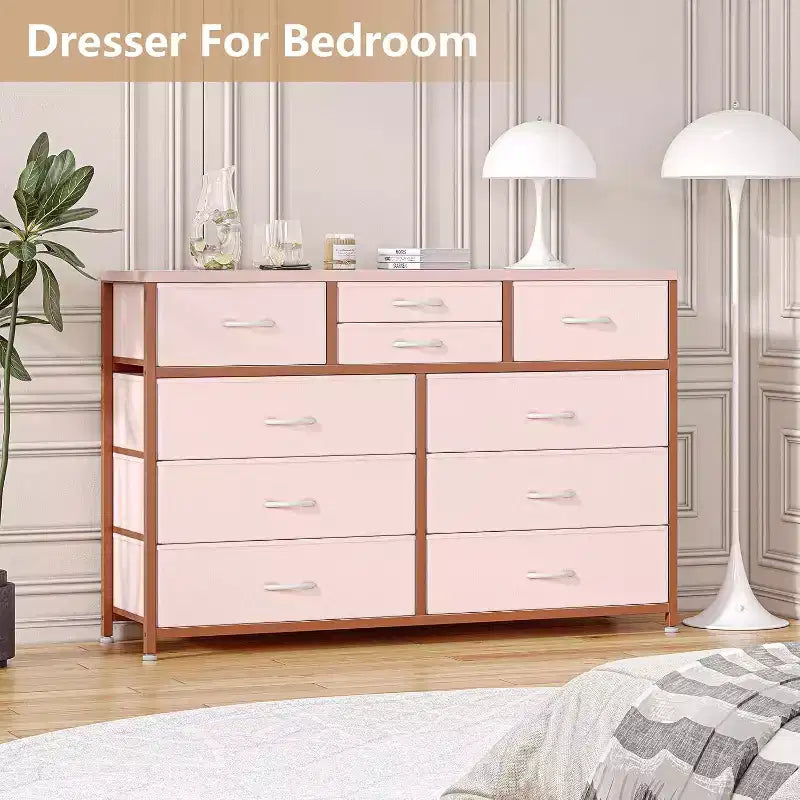 Cassettiera in tessuto a 10 cassetti per camera da letto, piano in legno, struttura in acciaio, comò moderno, cassettiera leggera con contenitori in tessuto per soggiorno, corridoio