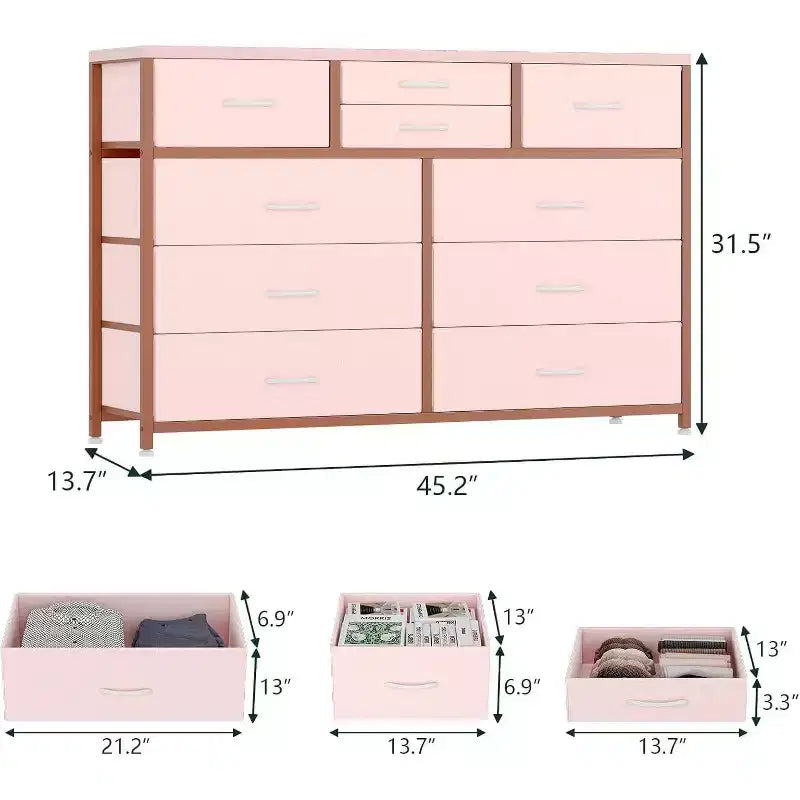 Cassettiera in tessuto a 10 cassetti per camera da letto, piano in legno, struttura in acciaio, comò moderno, cassettiera leggera con contenitori in tessuto per soggiorno, corridoio