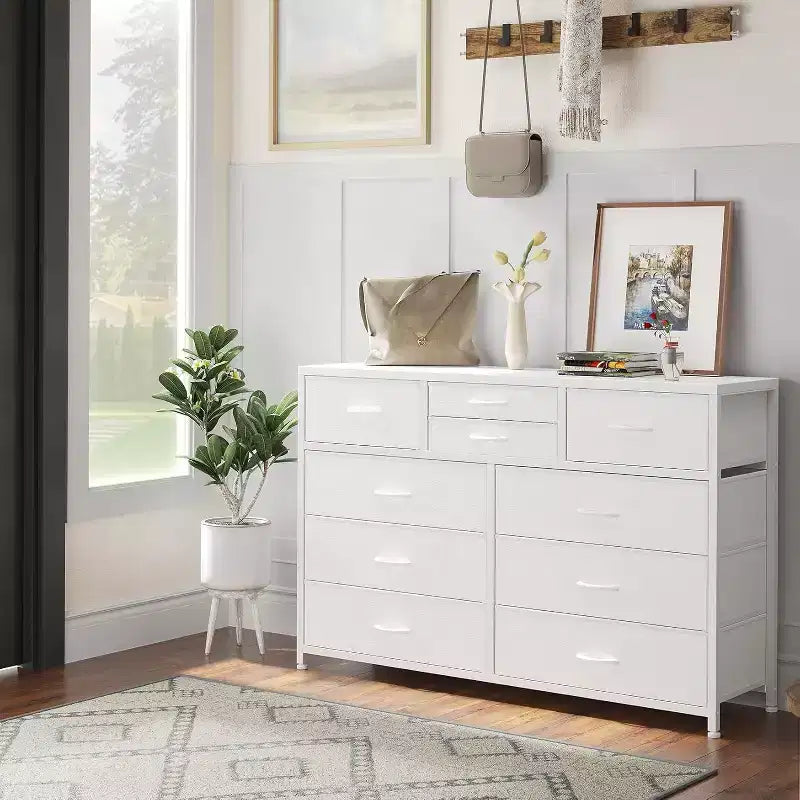 Cassettiera in tessuto a 10 cassetti per camera da letto, piano in legno, struttura in acciaio, comò moderno, cassettiera leggera con contenitori in tessuto per soggiorno, corridoio
