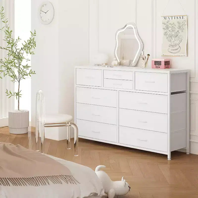 Cassettiera in tessuto a 10 cassetti per camera da letto, piano in legno, struttura in acciaio, comò moderno, cassettiera leggera con contenitori in tessuto per soggiorno, corridoio