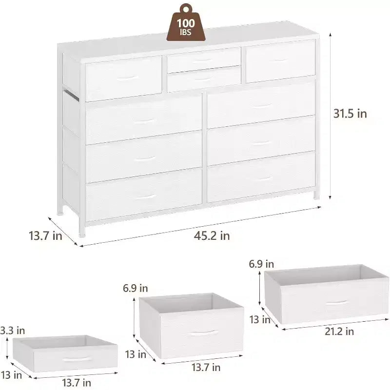 Cassettiera in tessuto a 10 cassetti per camera da letto, piano in legno, struttura in acciaio, comò moderno, cassettiera leggera con contenitori in tessuto per soggiorno, corridoio