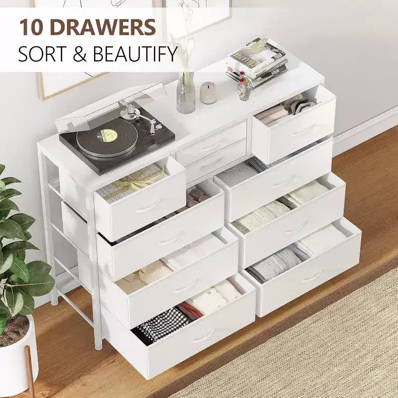 Cassettiera in tessuto a 10 cassetti per camera da letto, piano in legno, struttura in acciaio, comò moderno, cassettiera leggera con contenitori in tessuto per soggiorno, corridoio
