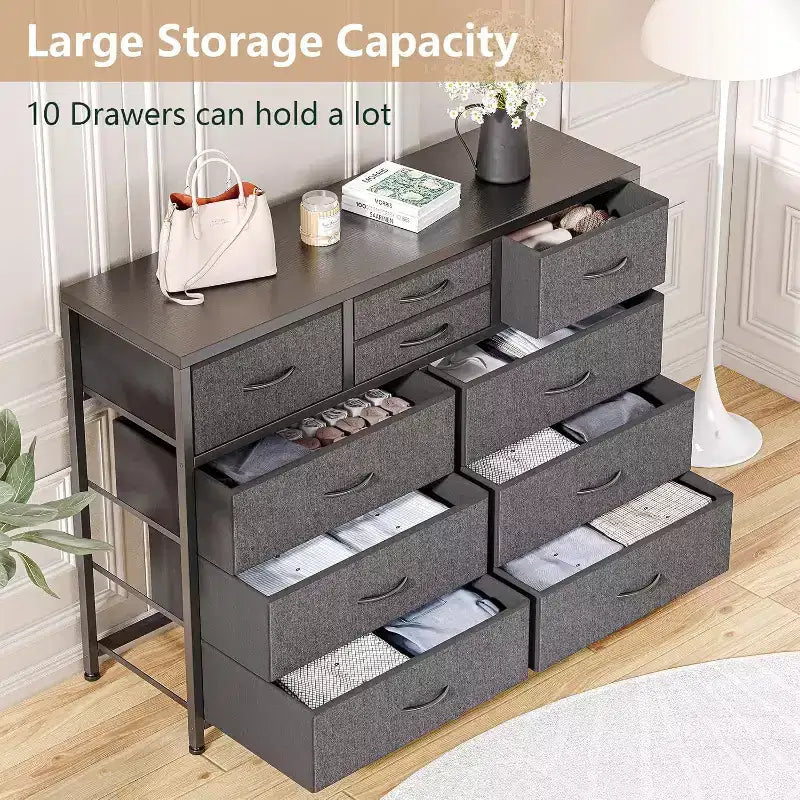 Cassettiera in tessuto a 10 cassetti per camera da letto, piano in legno, struttura in acciaio, comò moderno, cassettiera leggera con contenitori in tessuto per soggiorno, corridoio