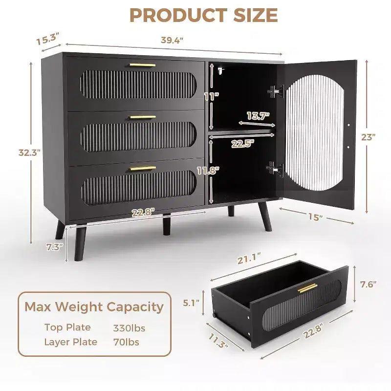 Credenza con ante, credenza con ante a scomparsa e cassetti, credenza nera per cucina, sala da pranzo, salotto
