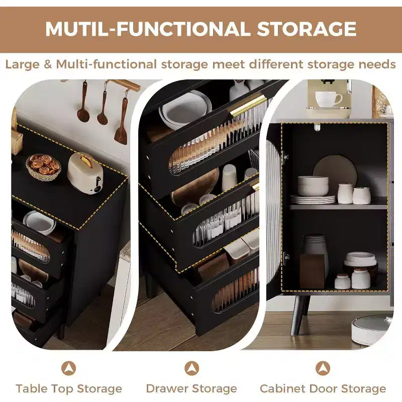 Credenza con ante, credenza con ante a scomparsa e cassetti, credenza nera per cucina, sala da pranzo, salotto