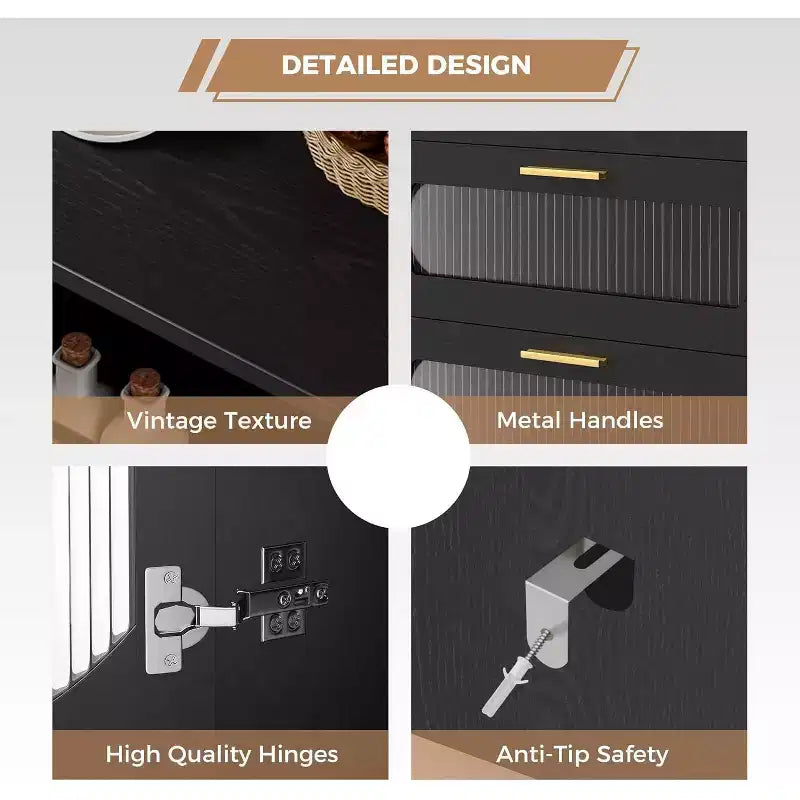 Credenza con ante, credenza con ante a scomparsa e cassetti, credenza nera per cucina, sala da pranzo, salotto