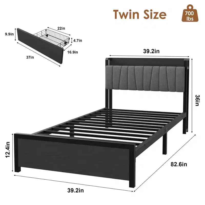Struttura Letto Singolo con Testiera Contenitore, Letto a Piattaforma Singolo Nero con Ampio Cassetto e Stazione di Ricarica, Struttura Letto Industriale Senza Necessità di Rete a Molle