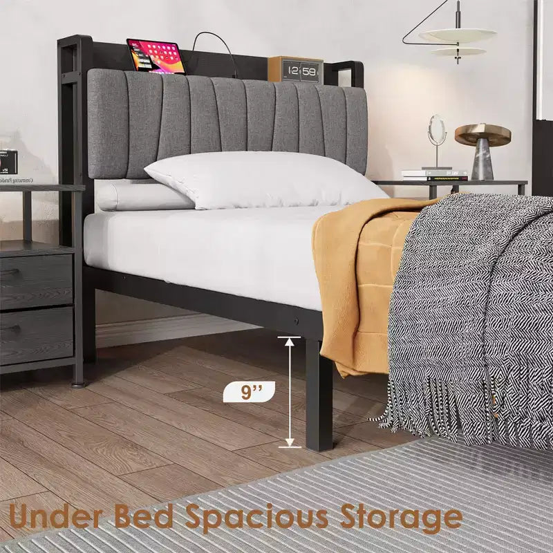 Struttura Letto Singolo con Testiera Contenitore, Letto a Piattaforma Singolo Nero con Ampio Cassetto e Stazione di Ricarica, Struttura Letto Industriale Senza Necessità di Rete a Molle
