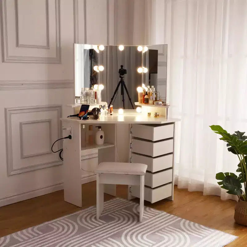 COZONY Angolo da Trucco con Luci, Tavolo da Toeletta con Presa di Corrente e Cassetti Girevoli per Camera da Letto