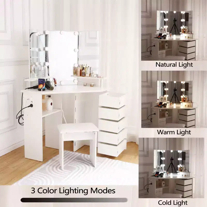 COZONY Angolo da Trucco con Luci, Tavolo da Toeletta con Presa di Corrente e Cassetti Girevoli per Camera da Letto