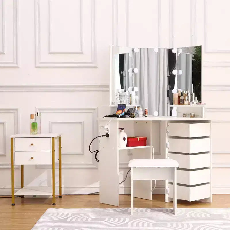 COZONY Angolo da Trucco con Luci, Tavolo da Toeletta con Presa di Corrente e Cassetti Girevoli per Camera da Letto