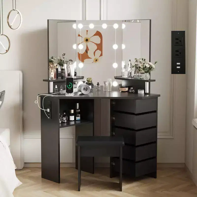 COZONY Angolo da Trucco con Luci, Tavolo da Toeletta con Presa di Corrente e Cassetti Girevoli per Camera da Letto