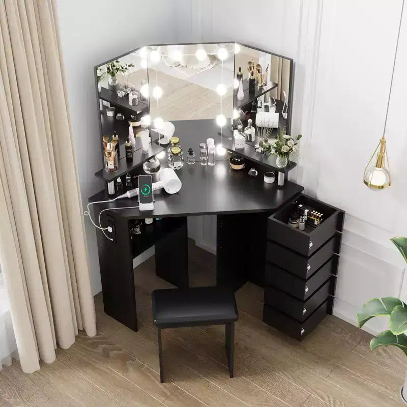 COZONY Angolo da Trucco con Luci, Tavolo da Toeletta con Presa di Corrente e Cassetti Girevoli per Camera da Letto