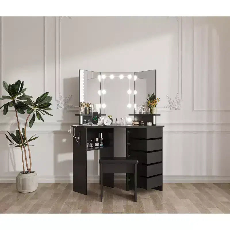 COZONY Angolo da Trucco con Luci, Tavolo da Toeletta con Presa di Corrente e Cassetti Girevoli per Camera da Letto