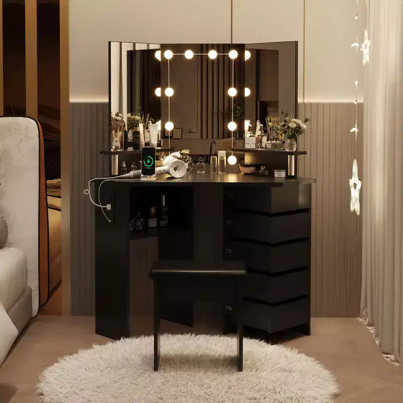 COZONY Corner Makeup Vanity Desk with Lights, Dressing Table with Power Outlet and Rotating Drawers for Bedroom