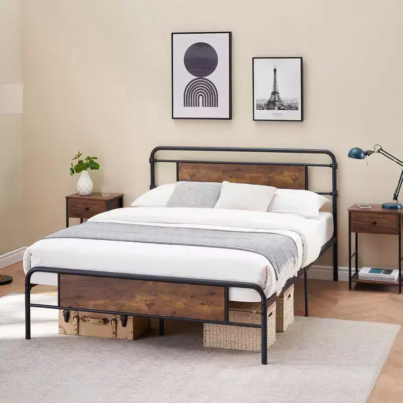 COZONY Letto Matrimoniale con Testiera in Legno Vintage, Robusta Struttura in Metallo con Doghe, Nessuna Molla, Contenitore Sottoletto, Facile Montaggio
