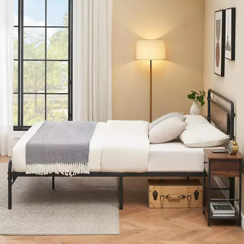 COZONY Letto Matrimoniale con Testiera in Legno Vintage, Robusta Struttura in Metallo con Doghe, Nessuna Molla, Contenitore Sottoletto, Facile Montaggio