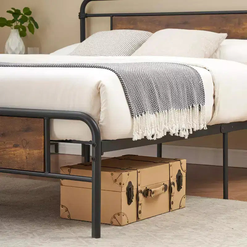COZONY Letto Matrimoniale con Testiera in Legno Vintage, Robusta Struttura in Metallo con Doghe, Nessuna Molla, Contenitore Sottoletto, Facile Montaggio
