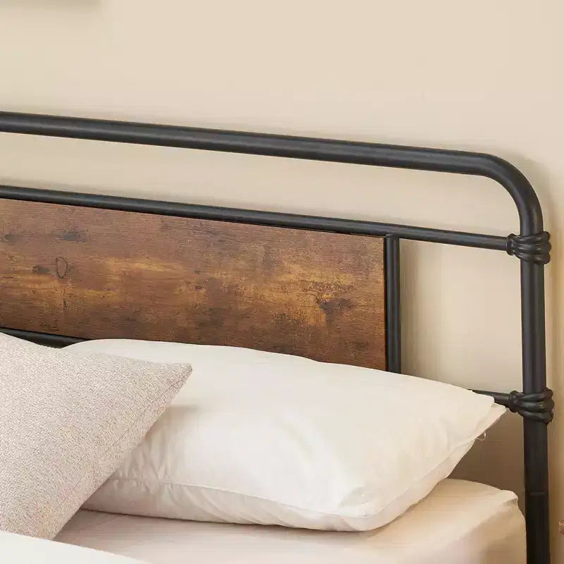COZONY Letto Matrimoniale con Testiera in Legno Vintage, Robusta Struttura in Metallo con Doghe, Nessuna Molla, Contenitore Sottoletto, Facile Montaggio