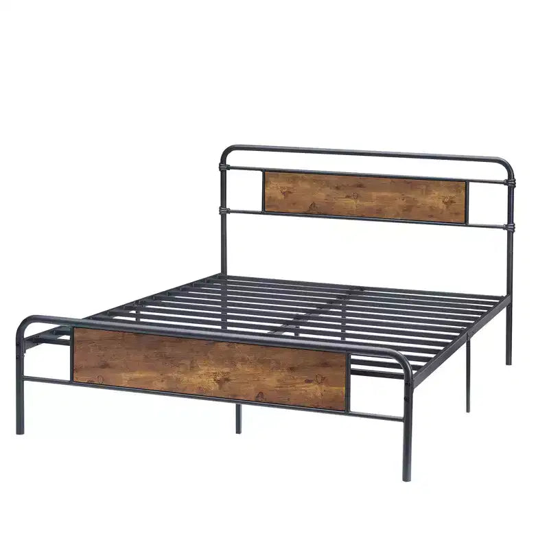 COZONY Letto Matrimoniale con Testiera in Legno Vintage, Robusta Struttura in Metallo con Doghe, Nessuna Molla, Contenitore Sottoletto, Facile Montaggio