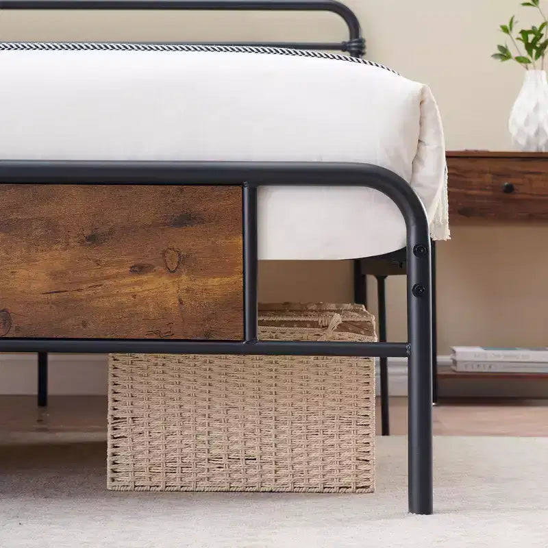 COZONY Letto Matrimoniale con Testiera in Legno Vintage, Robusta Struttura in Metallo con Doghe, Nessuna Molla, Contenitore Sottoletto, Facile Montaggio