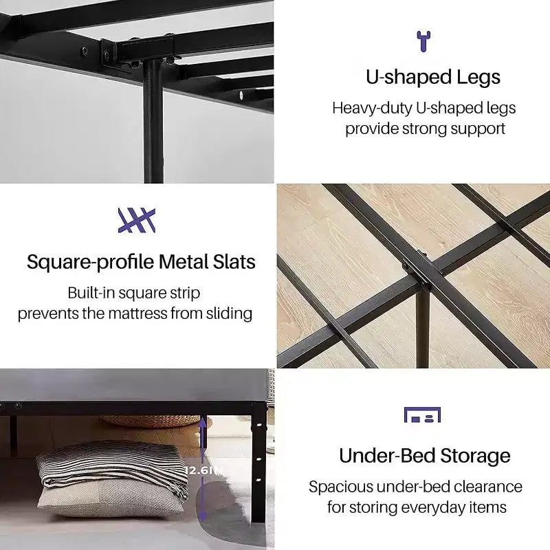 Base Letto Matrimoniale a Una Piazza e Mezza FurnitureR con Doghe Metalliche, Struttura per Materasso a Piattaforma Robusta con Contenitore Sottoletto, Supporto Antiscivolo, Nero