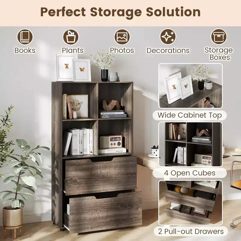 Costway 51 Libreria a 5 Ripiani e 4 Cubi con 2 Cassetti per Soggiorno, Studio, Ufficio Bianco/Nero/Grigio/Naturale