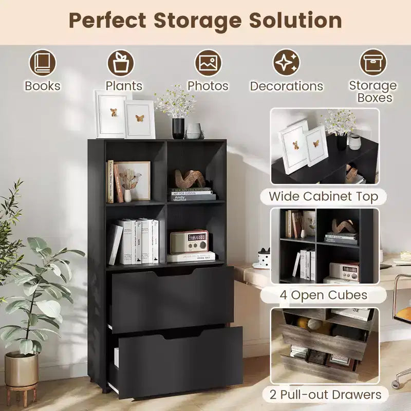 Costway 51 Libreria a 5 Ripiani e 4 Cubi con 2 Cassetti per Soggiorno, Studio, Ufficio Bianco/Nero/Grigio/Naturale
