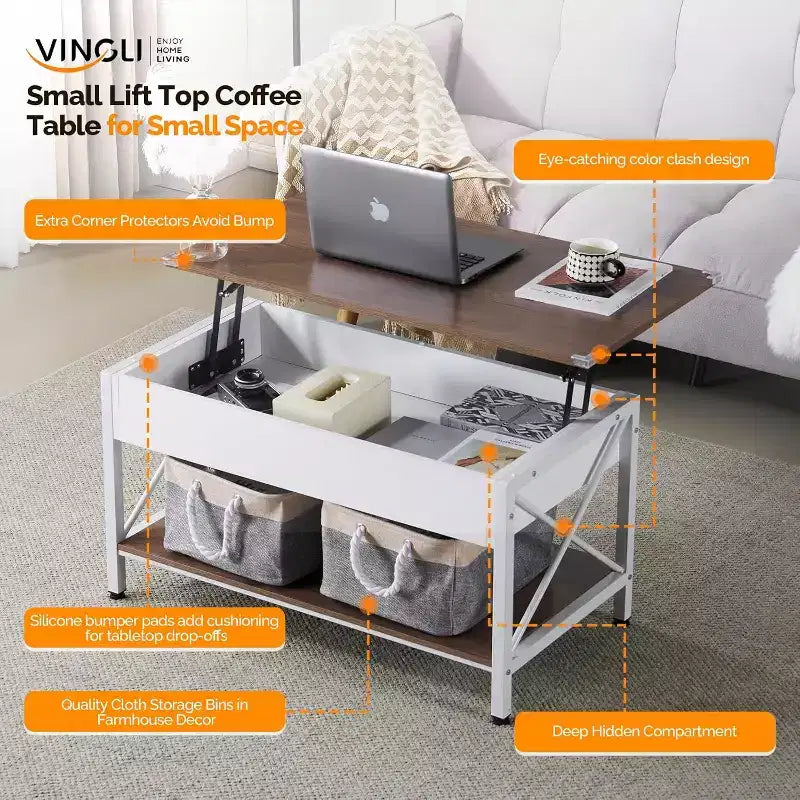VINGLI 36 Tavolino da caffè con piano sollevabile e contenitori in tessuto, tavolini da caffè in stile rustico per soggiorno, bianco noce