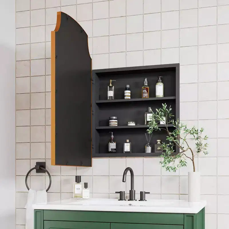 PexFix Armadietto per medicinali da bagno a specchio da 76 cm H x 50 cm L, stile rustico, dorato, mobiletto a muro con 3 ripiani, organizer per il bagno